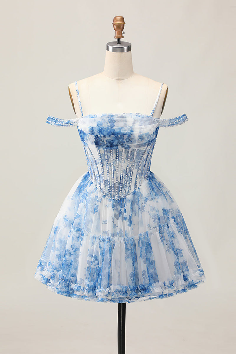 Load image into Gallery viewer, White Blue Flower A Line Corset Cold Shoulder Short Prom Dress