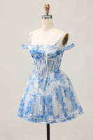 Load image into Gallery viewer, White Blue Flower A Line Corset Cold Shoulder Short Prom Dress