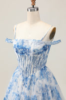 Load image into Gallery viewer, White Blue Flower A Line Corset Cold Shoulder Short Prom Dress