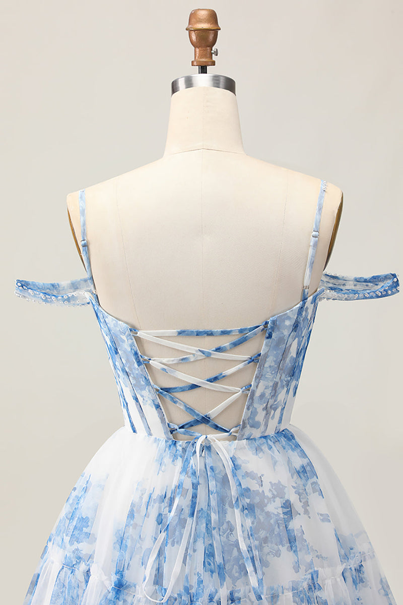 Load image into Gallery viewer, White Blue Flower A Line Corset Cold Shoulder Short Prom Dress
