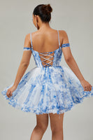 Load image into Gallery viewer, White Blue Flower A Line Corset Cold Shoulder Short Prom Dress