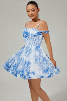 Load image into Gallery viewer, White Blue Flower A Line Corset Cold Shoulder Short Prom Dress