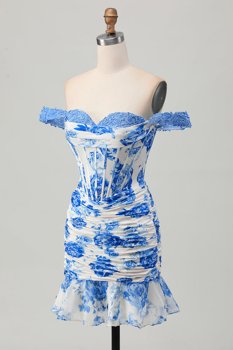 Load image into Gallery viewer, White and Blue Floral Tight Corset Short Prom Dress with Appliques