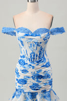Load image into Gallery viewer, White and Blue Floral Tight Corset Short Prom Dress with Appliques