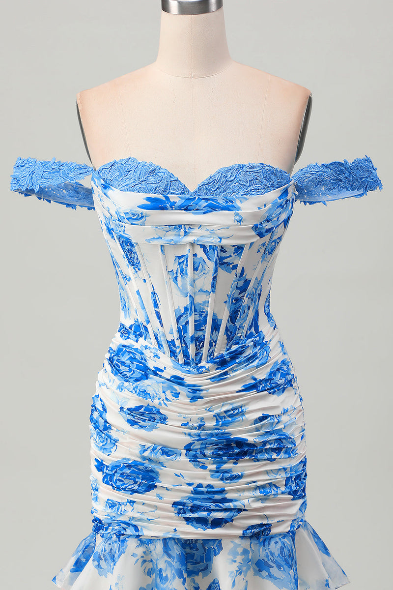 Load image into Gallery viewer, White and Blue Floral Tight Corset Short Prom Dress with Appliques