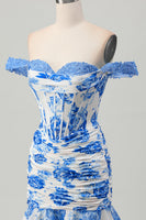 Load image into Gallery viewer, White and Blue Floral Tight Corset Short Prom Dress with Appliques