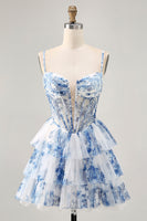 Load image into Gallery viewer, White and Blue Floral Ruffled Corset Short Prom Dress with Pearls