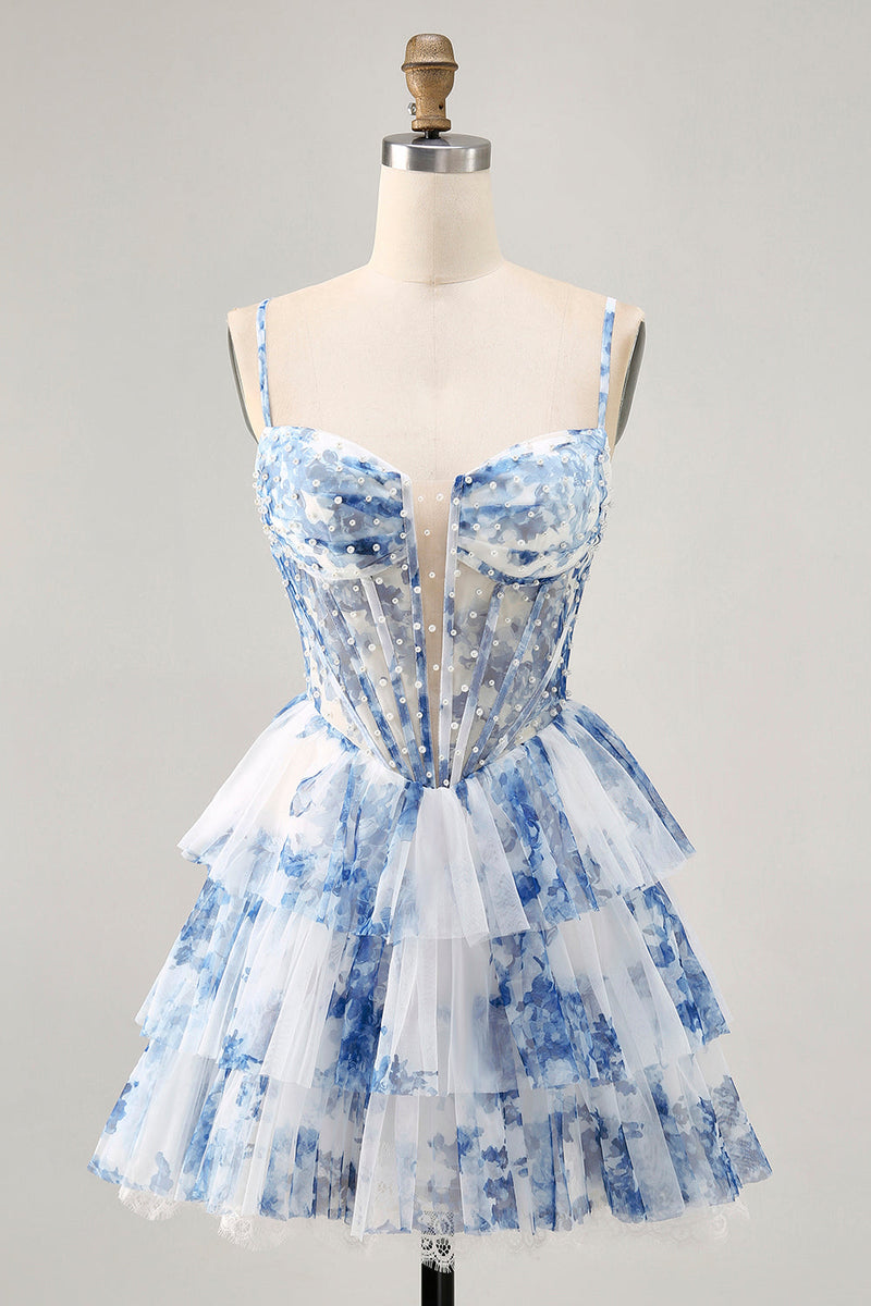 Load image into Gallery viewer, White and Blue Floral Ruffled Corset Short Prom Dress with Pearls