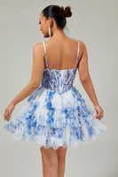 Load image into Gallery viewer, White and Blue Floral Ruffled Corset Short Prom Dress with Pearls