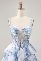 Load image into Gallery viewer, White and Blue Floral Ruffled Corset Short Prom Dress with Pearls