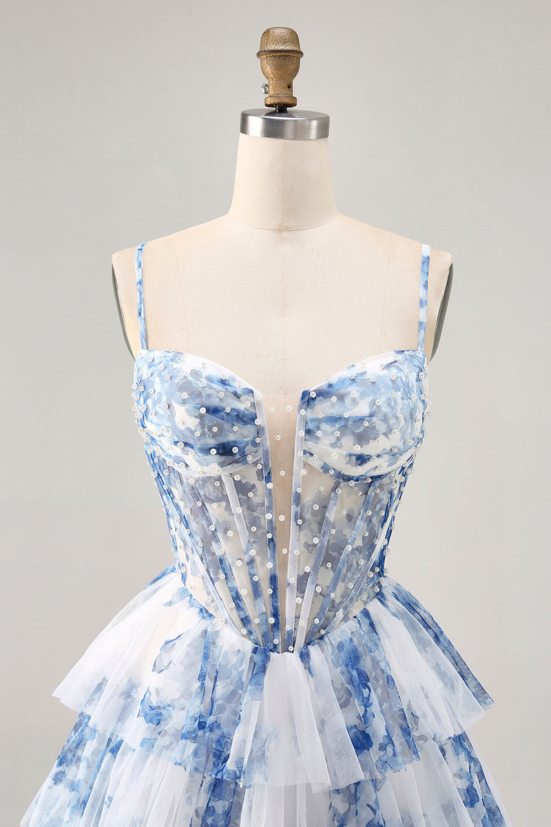 Load image into Gallery viewer, White and Blue Floral Ruffled Corset Short Prom Dress with Pearls