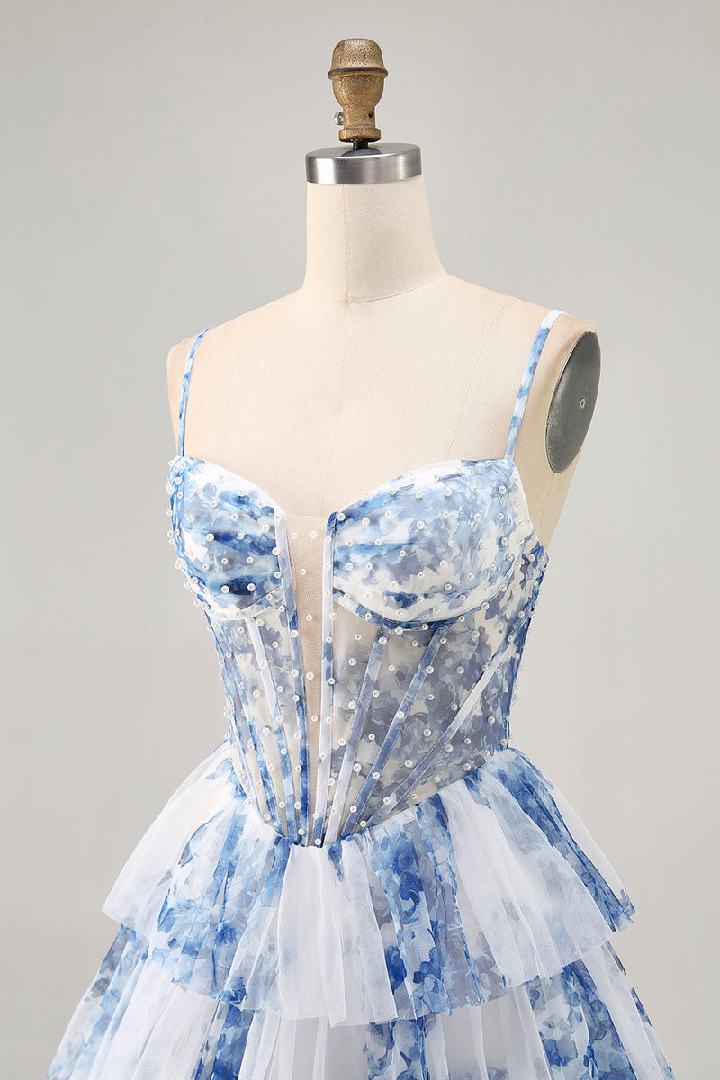 Load image into Gallery viewer, White and Blue Floral Ruffled Corset Short Prom Dress with Pearls