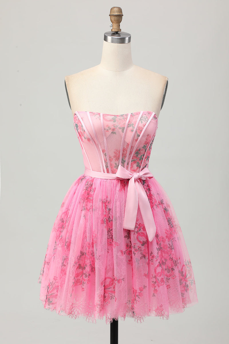 Load image into Gallery viewer, Pink Floral Strapless Corset Short Prom Dress with Bow