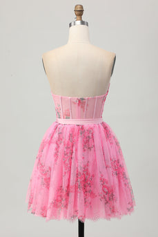 Pink Floral Strapless Corset Short Prom Dress with Bow