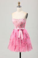 Load image into Gallery viewer, Pink Floral Strapless Corset Short Prom Dress with Bow