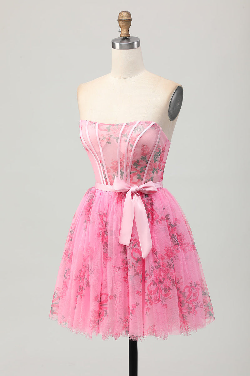 Load image into Gallery viewer, Pink Floral Strapless Corset Short Prom Dress with Bow