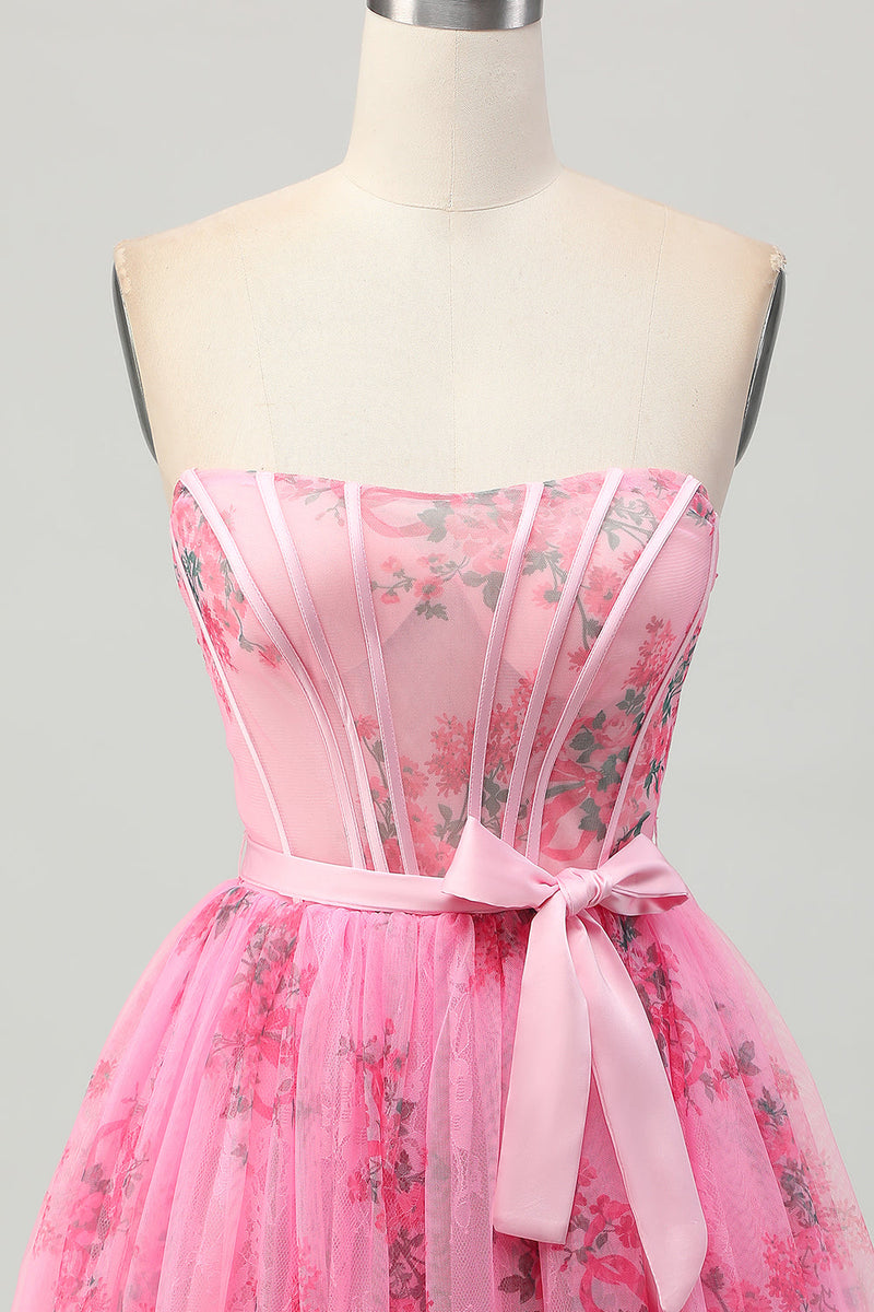 Load image into Gallery viewer, Pink Floral Strapless Corset Short Prom Dress with Bow