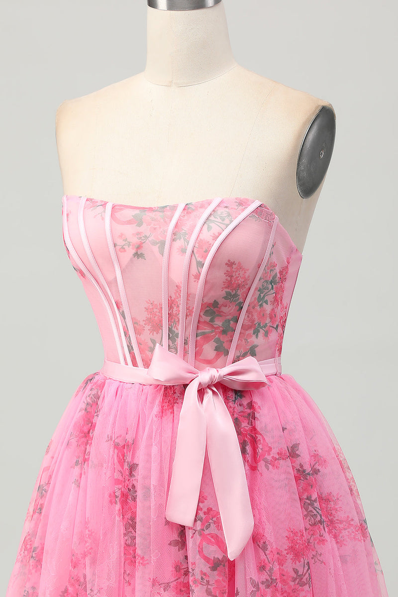 Load image into Gallery viewer, Pink Floral Strapless Corset Short Prom Dress with Bow