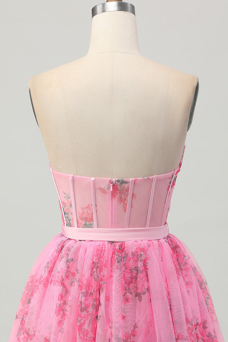 Load image into Gallery viewer, Pink Floral Strapless Corset Short Prom Dress with Bow