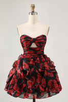 Load image into Gallery viewer, Black and Red Floral Sweetheart Cut Out Short Prom Dress with Ruffles
