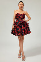 Load image into Gallery viewer, Black and Red Floral Sweetheart Cut Out Short Prom Dress with Ruffles