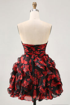 Black and Red Floral Sweetheart Cut Out Short Prom Dress with Ruffles