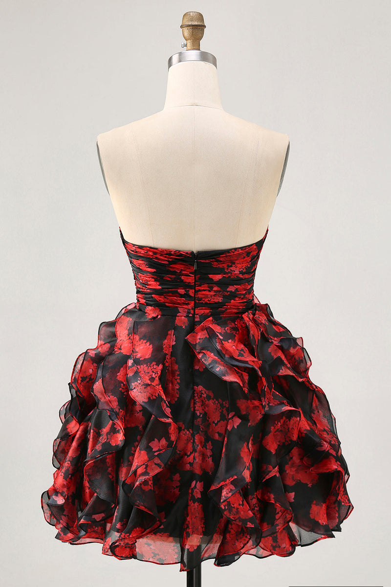 Load image into Gallery viewer, Black and Red Floral Sweetheart Cut Out Short Prom Dress with Ruffles