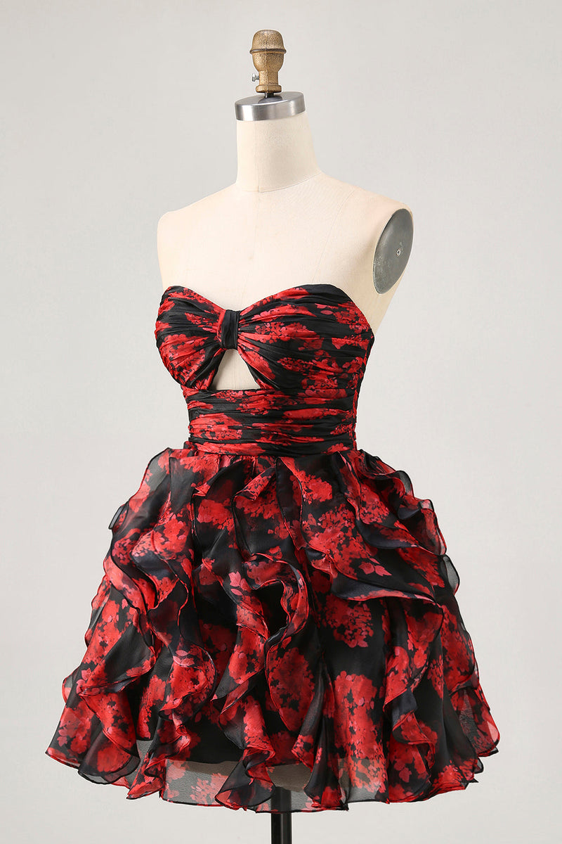 Load image into Gallery viewer, Black and Red Floral Sweetheart Cut Out Short Prom Dress with Ruffles