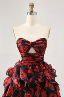 Load image into Gallery viewer, Black and Red Floral Sweetheart Cut Out Short Prom Dress with Ruffles