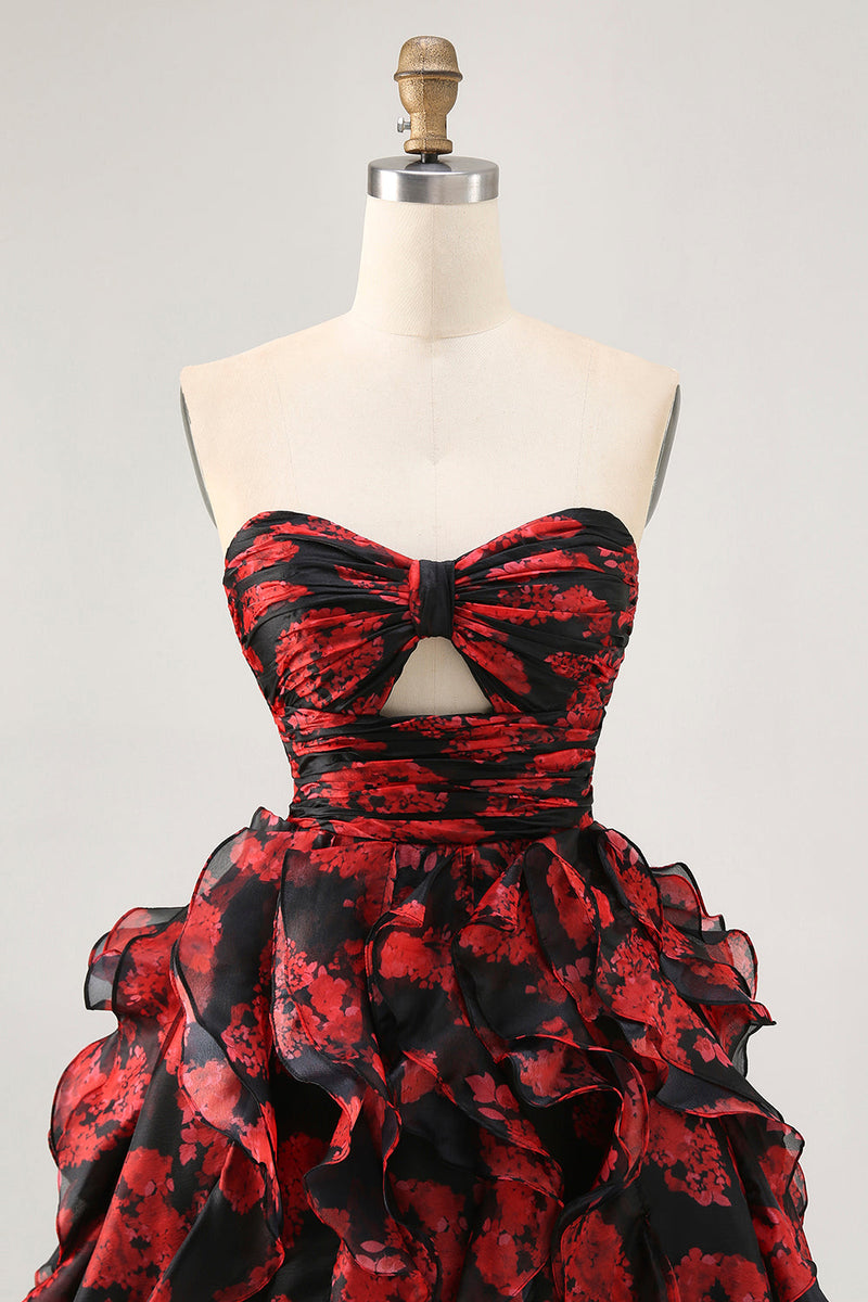 Load image into Gallery viewer, Black and Red Floral Sweetheart Cut Out Short Prom Dress with Ruffles