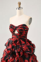 Load image into Gallery viewer, Black and Red Floral Sweetheart Cut Out Short Prom Dress with Ruffles