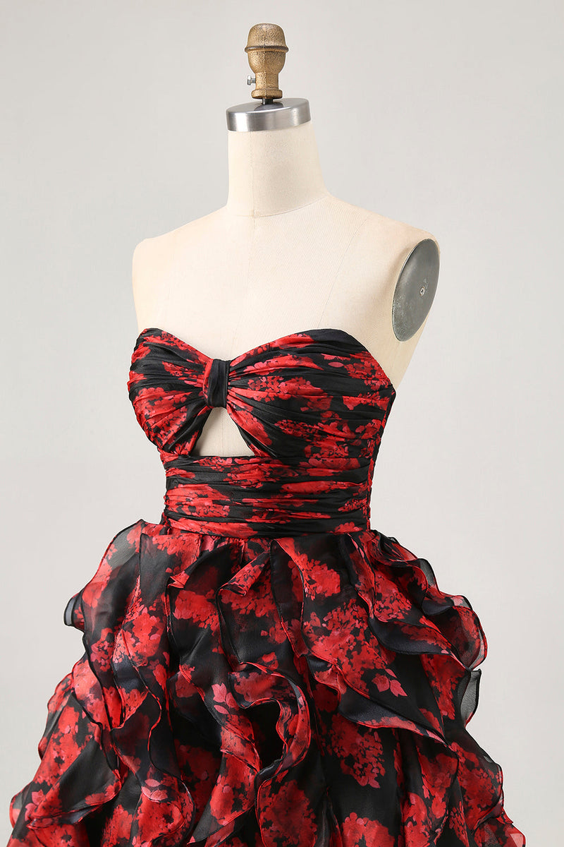 Load image into Gallery viewer, Black and Red Floral Sweetheart Cut Out Short Prom Dress with Ruffles
