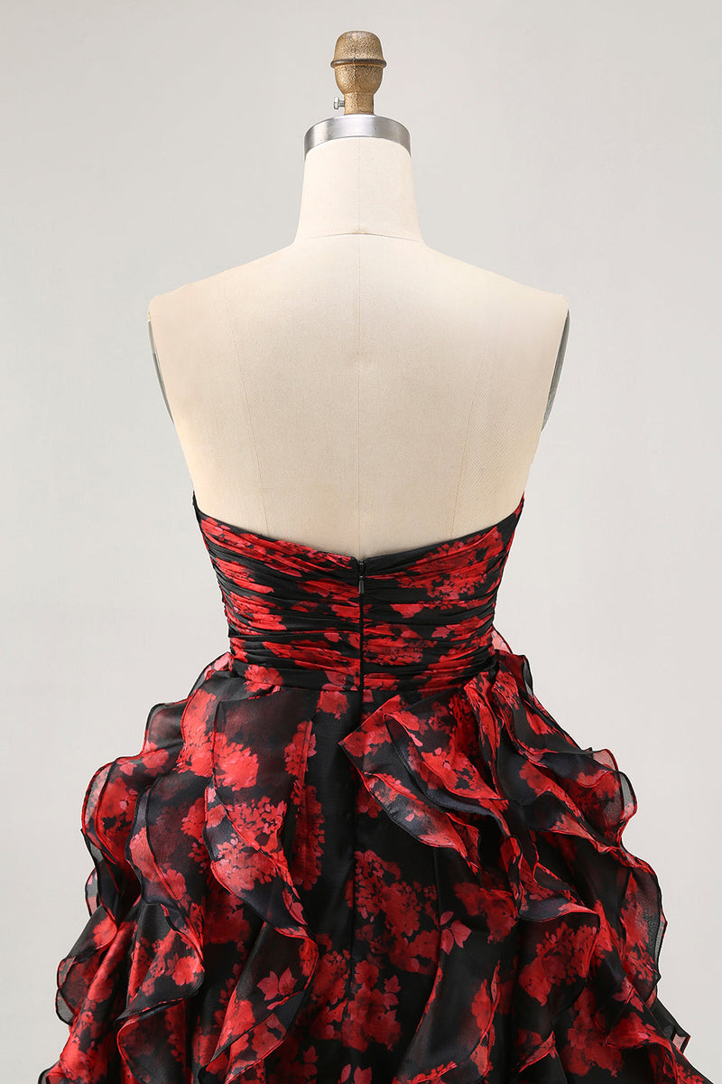 Load image into Gallery viewer, Black and Red Floral Sweetheart Cut Out Short Prom Dress with Ruffles