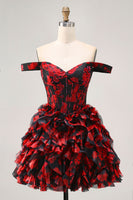 Load image into Gallery viewer, Sparkly Black and Red Short Floral Corset Prom Dress with Beading