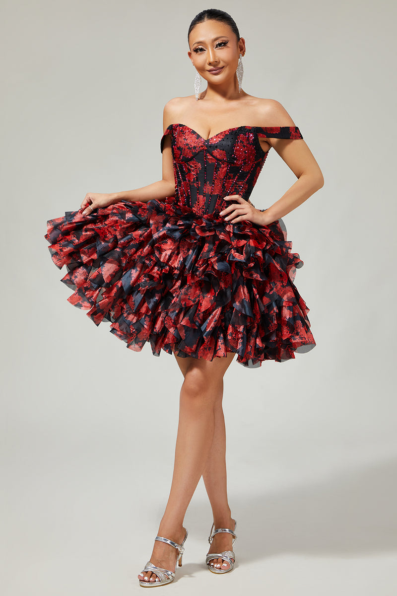 Load image into Gallery viewer, Sparkly Black and Red Short Floral Corset Prom Dress with Beading