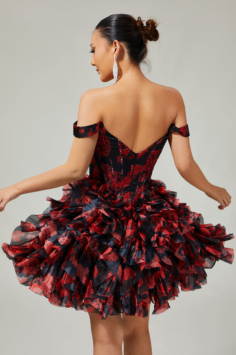 Load image into Gallery viewer, Sparkly Black and Red Short Floral Corset Prom Dress with Beading