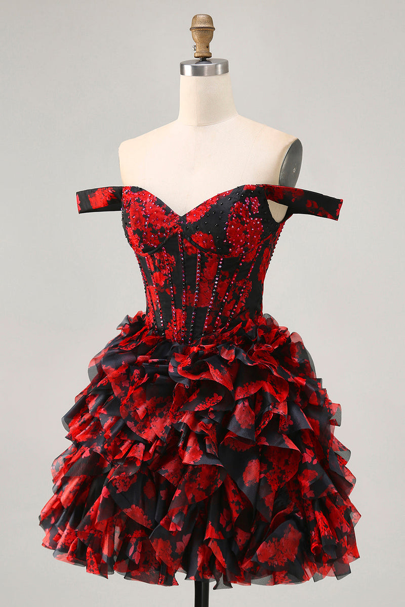 Load image into Gallery viewer, Sparkly Black and Red Short Floral Corset Prom Dress with Beading