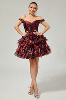 Load image into Gallery viewer, Sparkly Black and Red Short Floral Corset Prom Dress with Beading