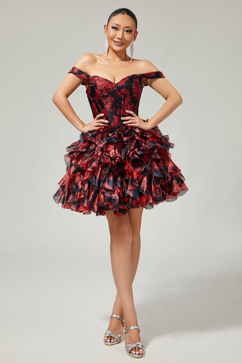 Load image into Gallery viewer, Sparkly Black and Red Short Floral Corset Prom Dress with Beading
