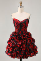 Load image into Gallery viewer, Sparkly Black and Red Short Floral Corset Prom Dress with Beading