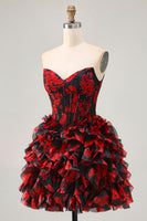 Load image into Gallery viewer, Sparkly Black and Red Short Floral Corset Prom Dress with Beading