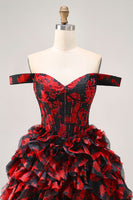 Load image into Gallery viewer, Sparkly Black and Red Short Floral Corset Prom Dress with Beading