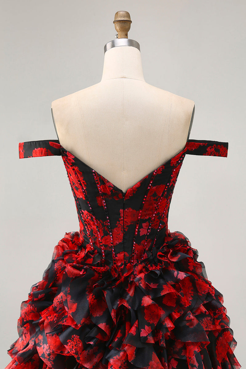 Load image into Gallery viewer, Sparkly Black and Red Short Floral Corset Prom Dress with Beading