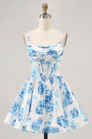 Load image into Gallery viewer, White and Blue Floral Satin Ruched Short Corset Prom Dress