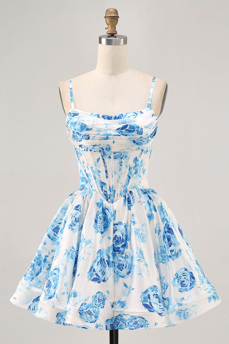 Load image into Gallery viewer, White and Blue Floral Satin Ruched Short Corset Prom Dress