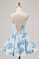 Load image into Gallery viewer, White and Blue Floral Satin Ruched Short Corset Prom Dress