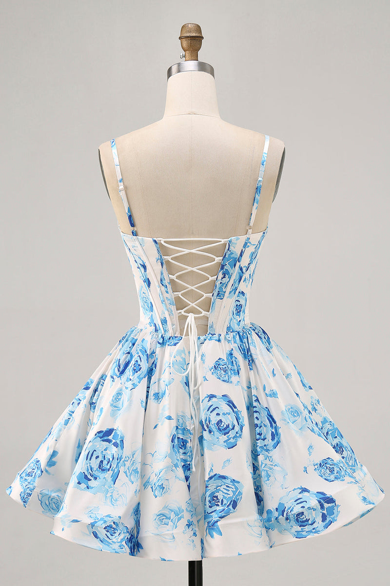 Load image into Gallery viewer, White and Blue Floral Satin Ruched Short Corset Prom Dress