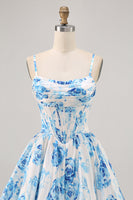 Load image into Gallery viewer, White and Blue Floral Satin Ruched Short Corset Prom Dress