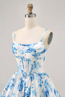 Load image into Gallery viewer, White and Blue Floral Satin Ruched Short Corset Prom Dress
