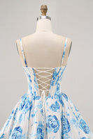 Load image into Gallery viewer, White and Blue Floral Satin Ruched Short Corset Prom Dress